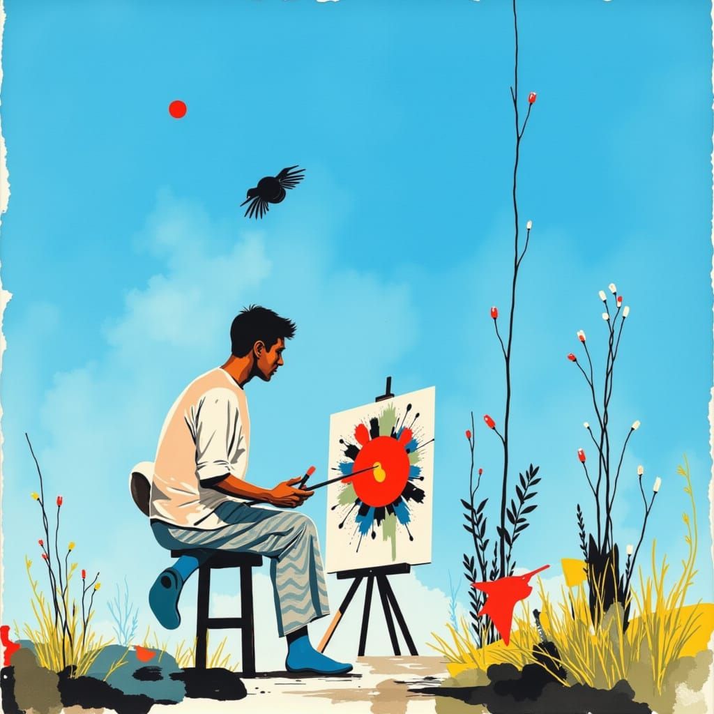 Artist Paints Pajama Man Under Azure Sky