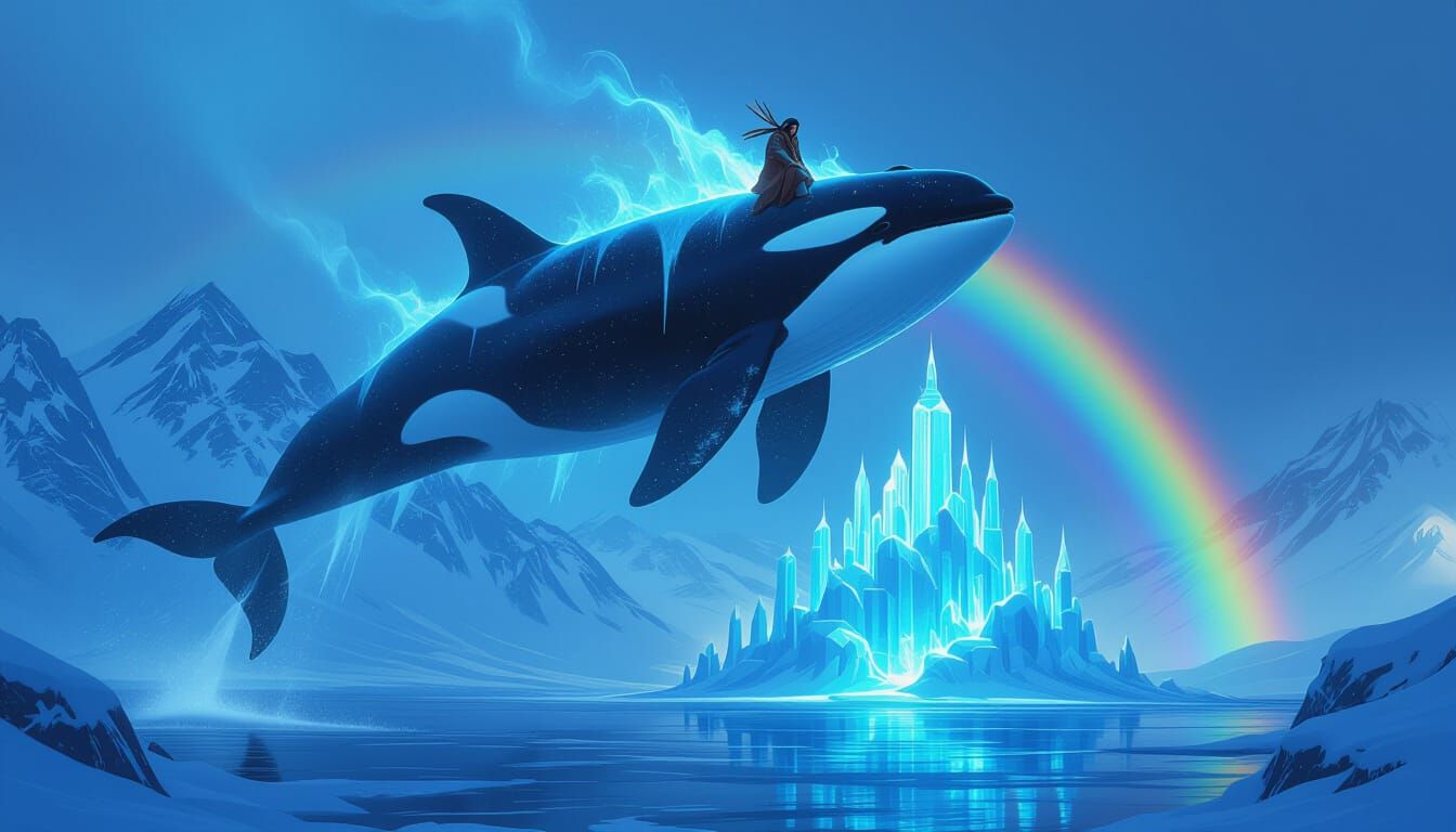 Inuit Shaman Rides Luminous Orca Over Ice City