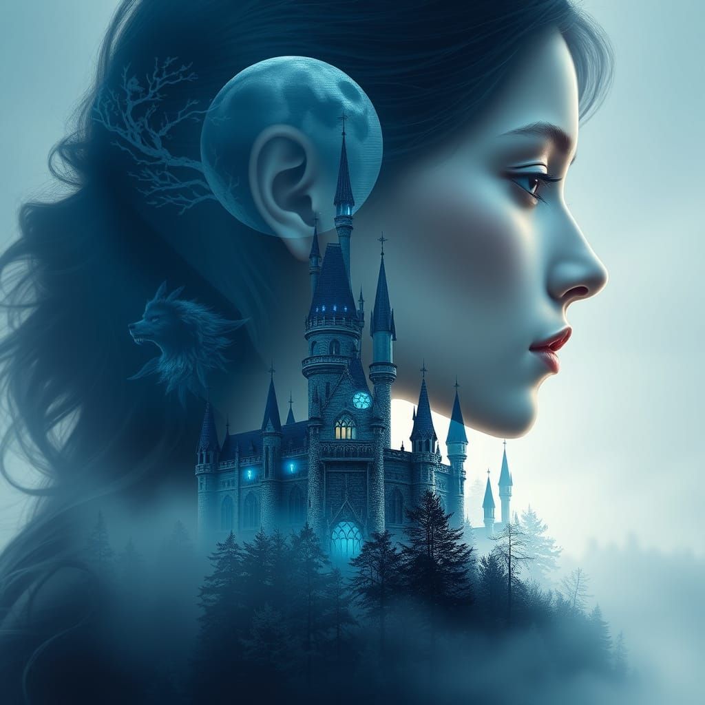 Ethereal Female Profile with Gothic Palace in Moonlit Forest