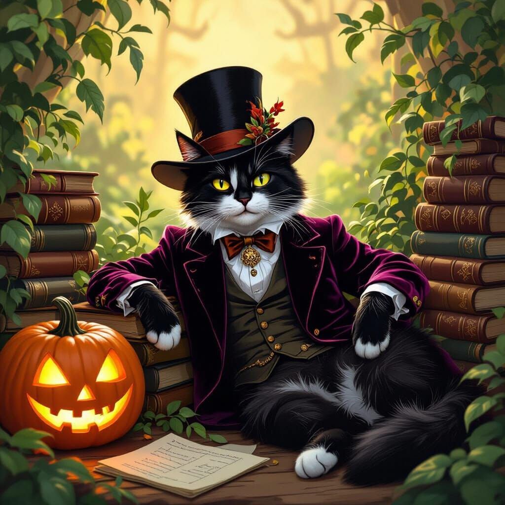 Whimsical Witch Cat Lounging by Jack-o'-Lantern