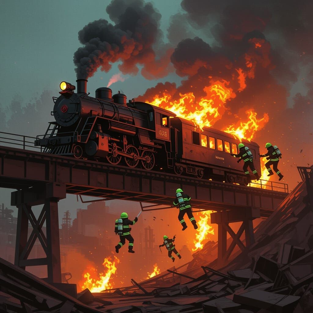 Derailed Train Wreck with Burning Robots: Concept Art