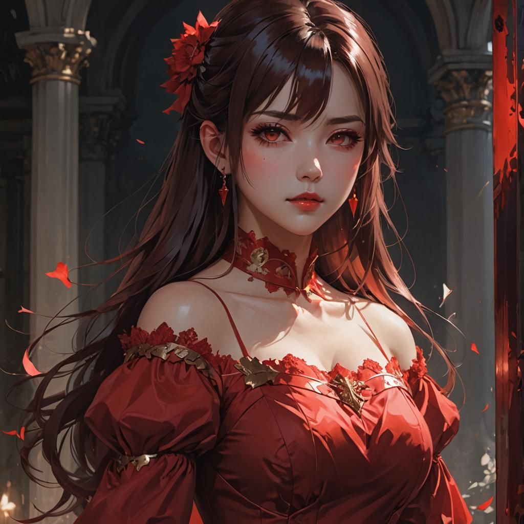 Red-Haired Beauty in Elegant Bloodred Gown