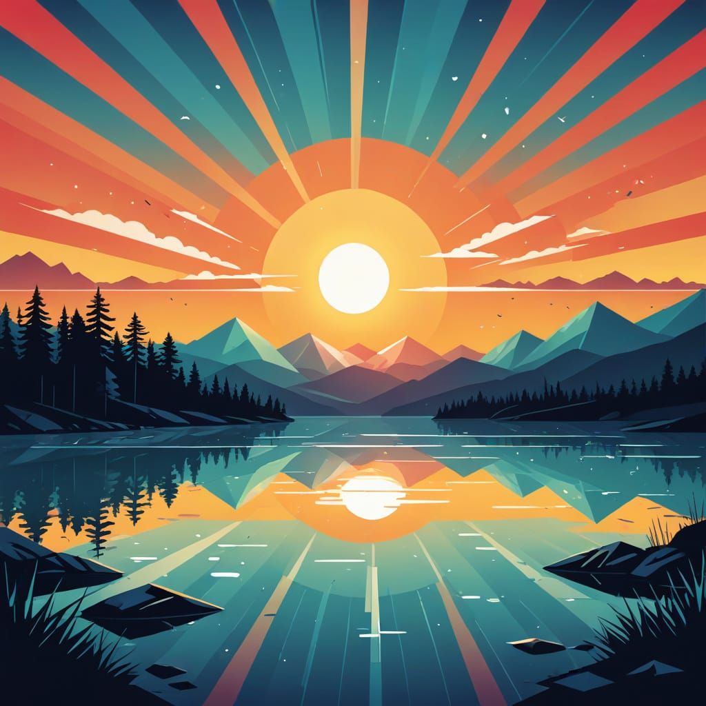 Sunrise Over Crystal Lake: Flat Vector Illustration