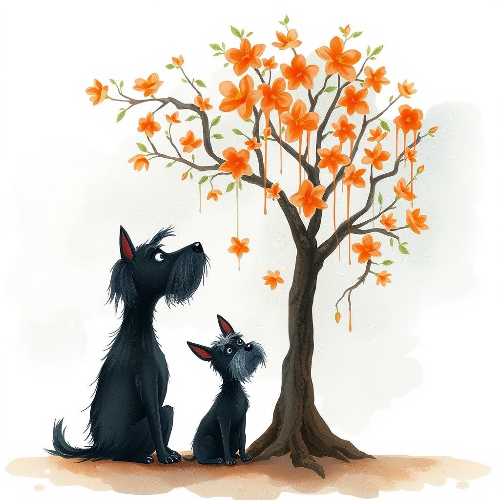 Whimsical Watercolor Scene with Tree and Dog