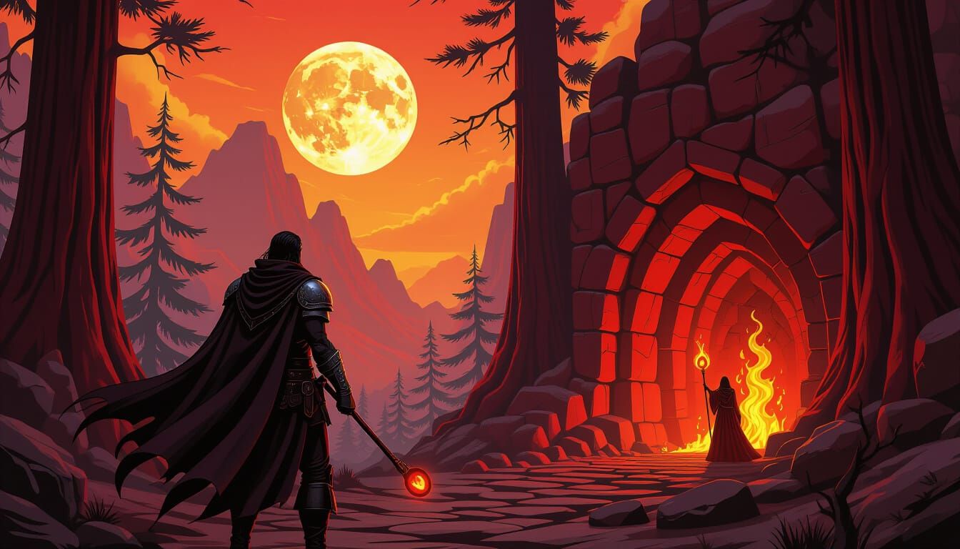 Sorceress Guards Labyrinthine Cavern Under Crimson Sun