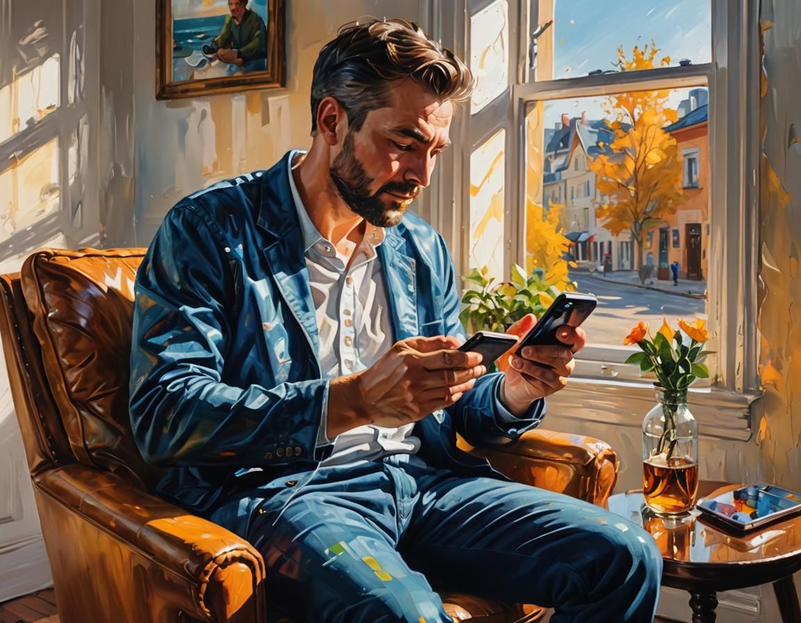 Man Lost in Smartphone Reflections in a Bright Room