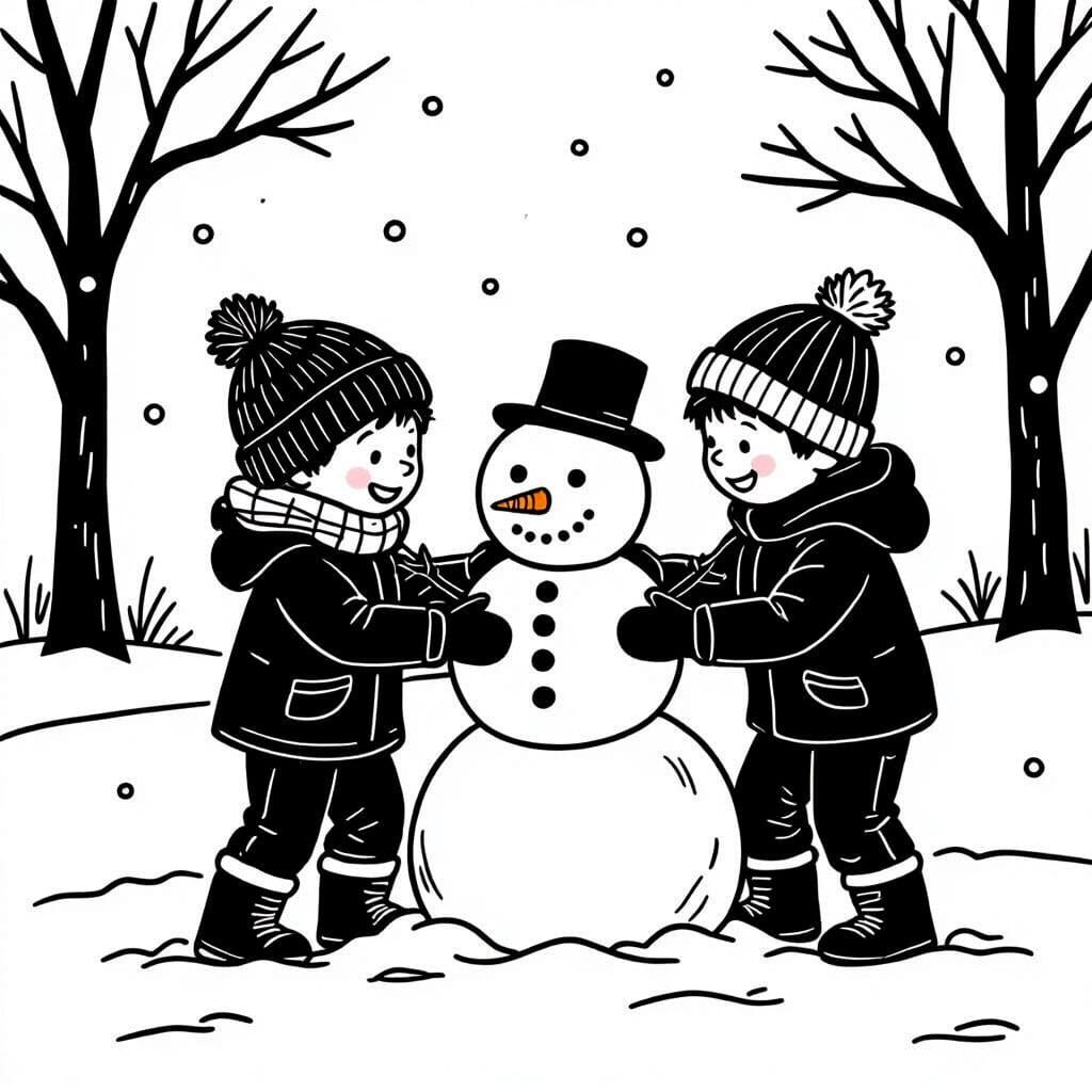 Children Building a Snowman Coloring Page