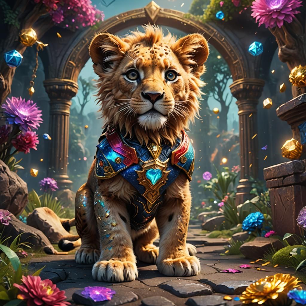 Heroic Lion Kitten in Vibrant, Magical Realm