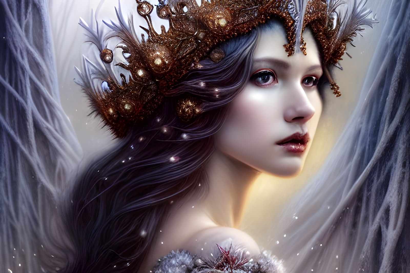 Intricate Winter Queen with Fractal Crown Digital Art