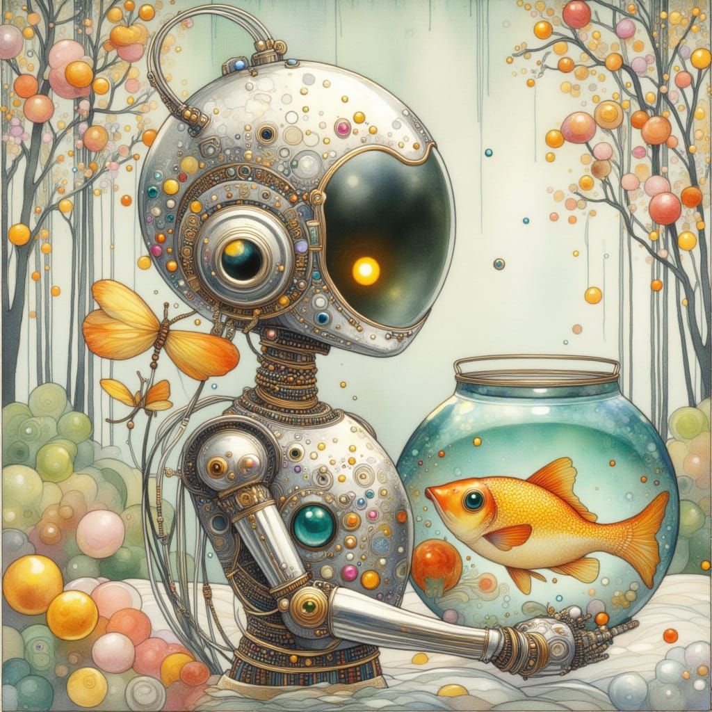 Cute Robot Holding a Fishbowl