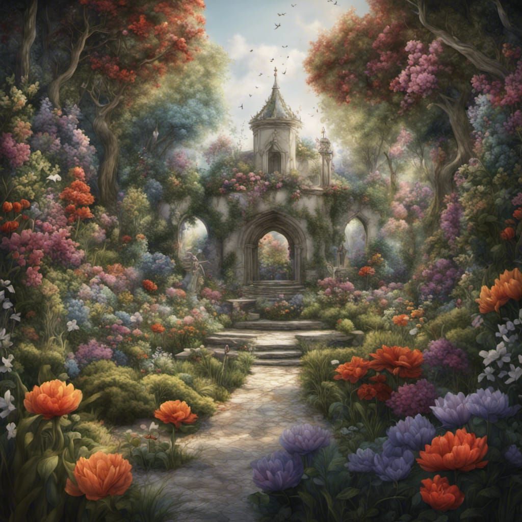 Vibrant Embroidered Fantasy Garden Scene