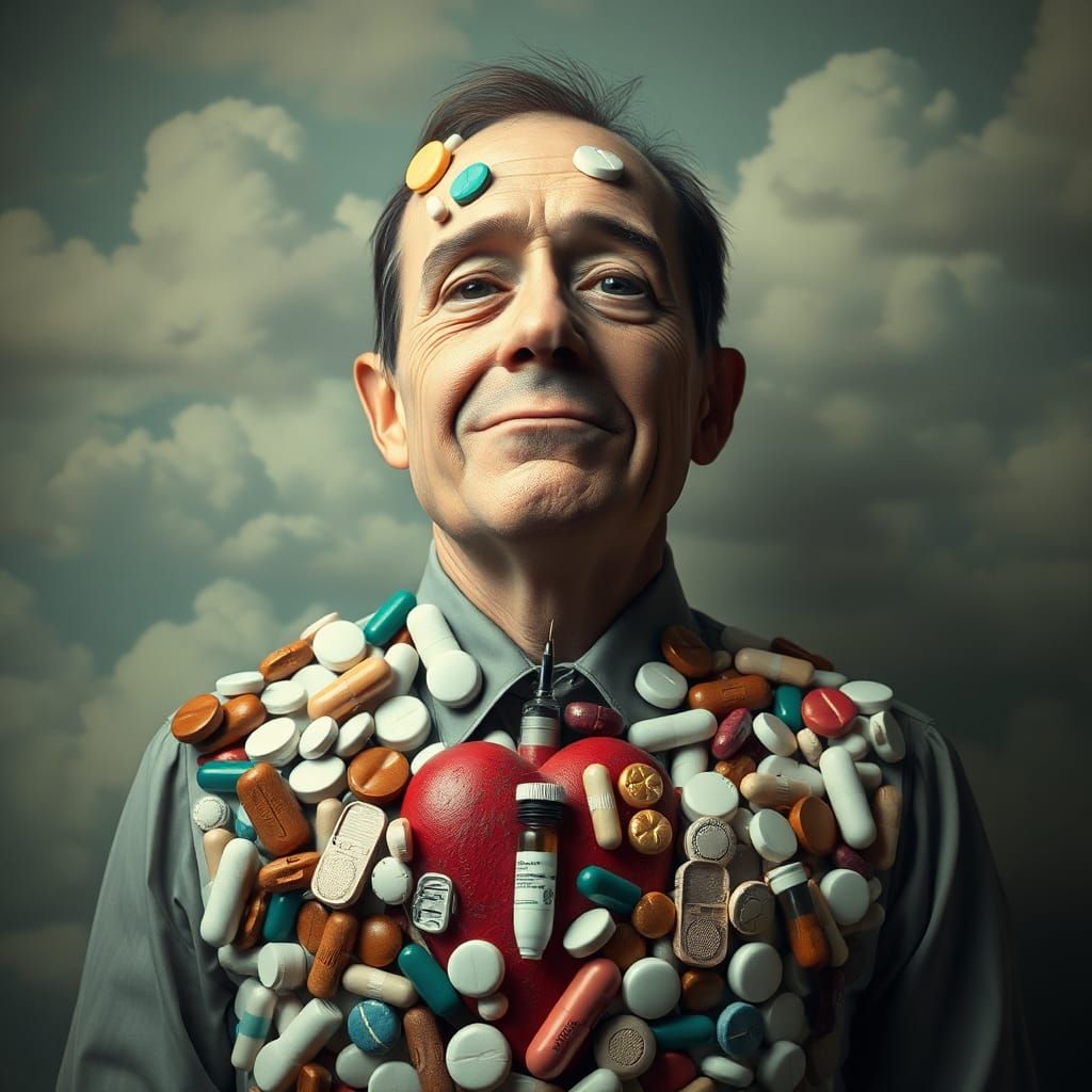 A Man Composed of Pills and Tablets Forces a Melancholic Smi...