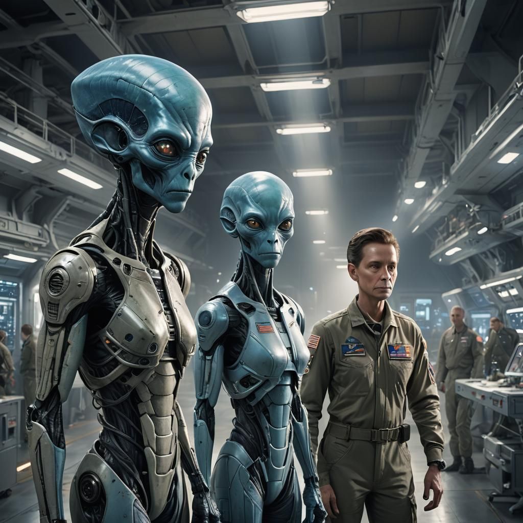 Alien Encounter in Hanger, Softly Illuminated by Warm Light