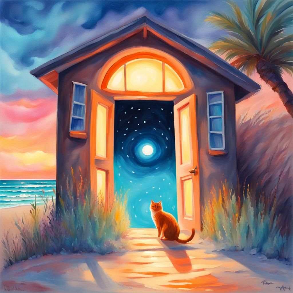 Gouache Masterpiece of a Cat Portal Leading to a Seaside Esc...