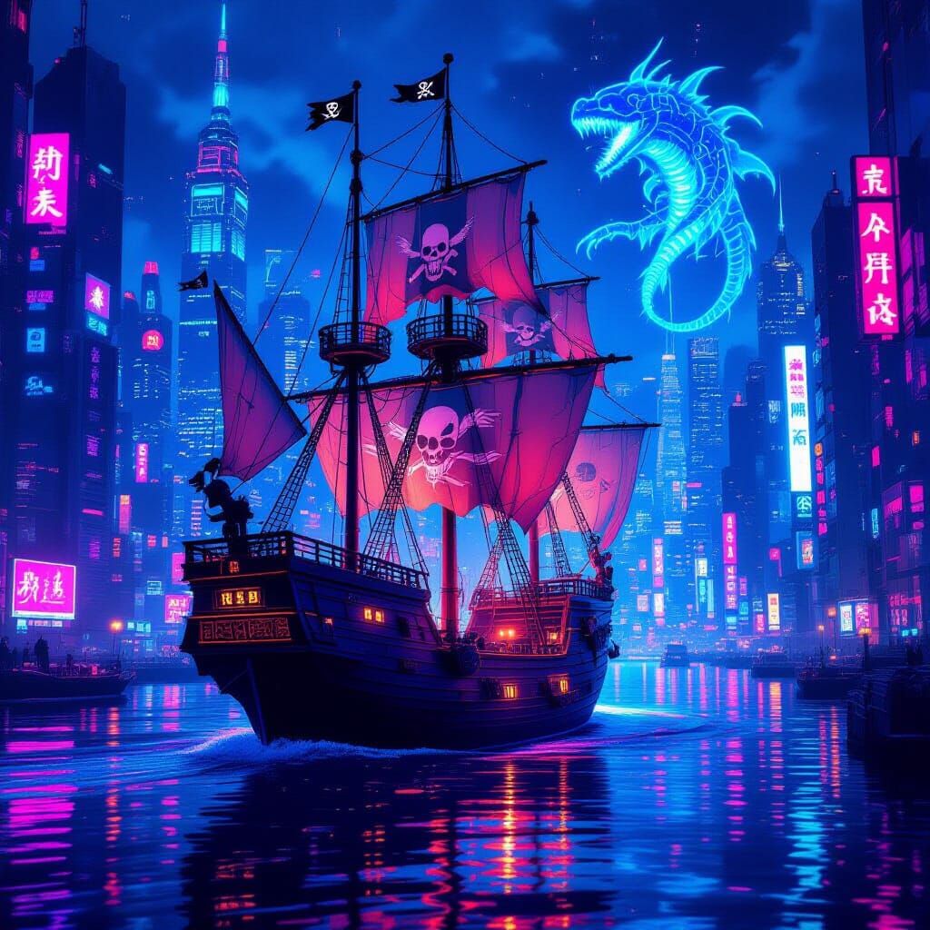 Cyberpunk Pirate Ship with Holographic Sails