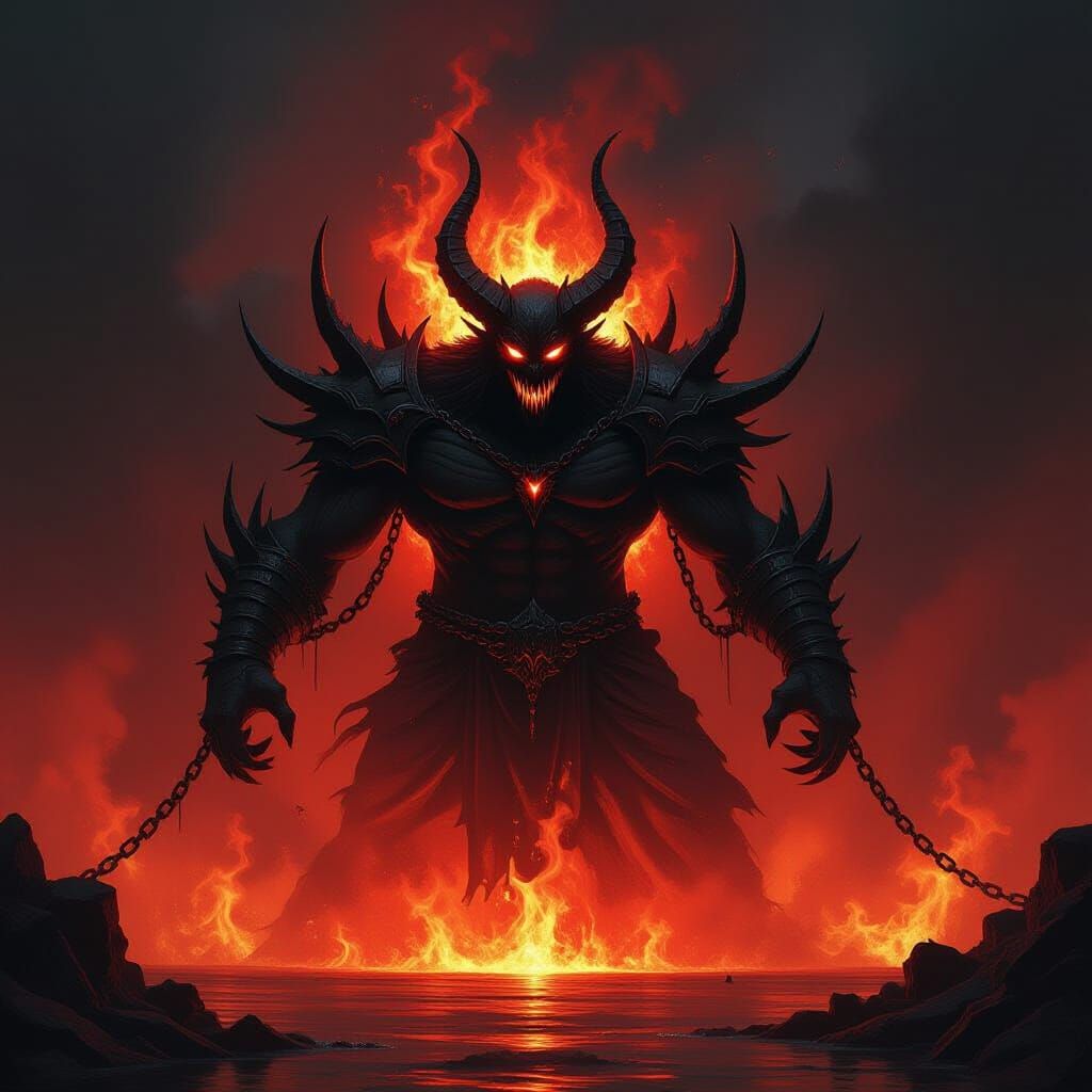 Epic Demon Lord Rises from Fire, Dark Fantasy Art