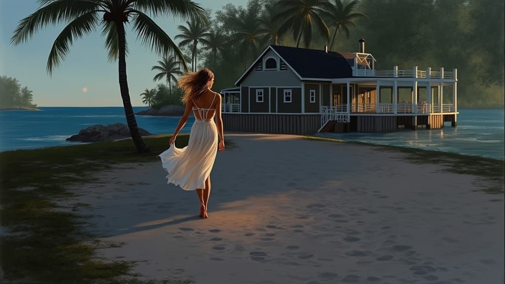 Woman Strolling to Beach House at Dawn in Impressionist Styl...