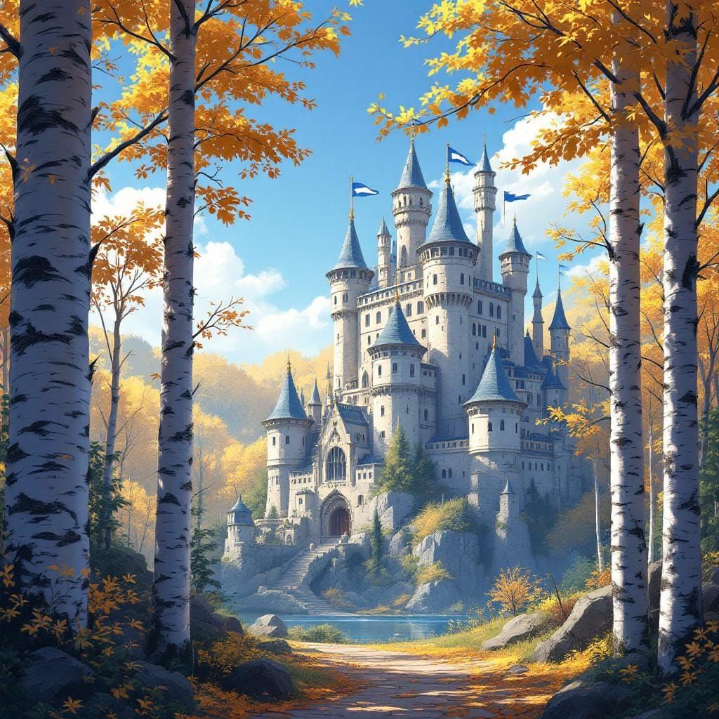 Autumn Castle in Forest, Anime Style Illustration