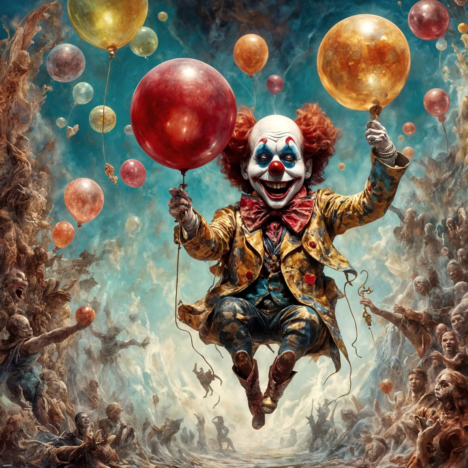 Vibrant Clown in Macabre Inverted Acrobatic Pose