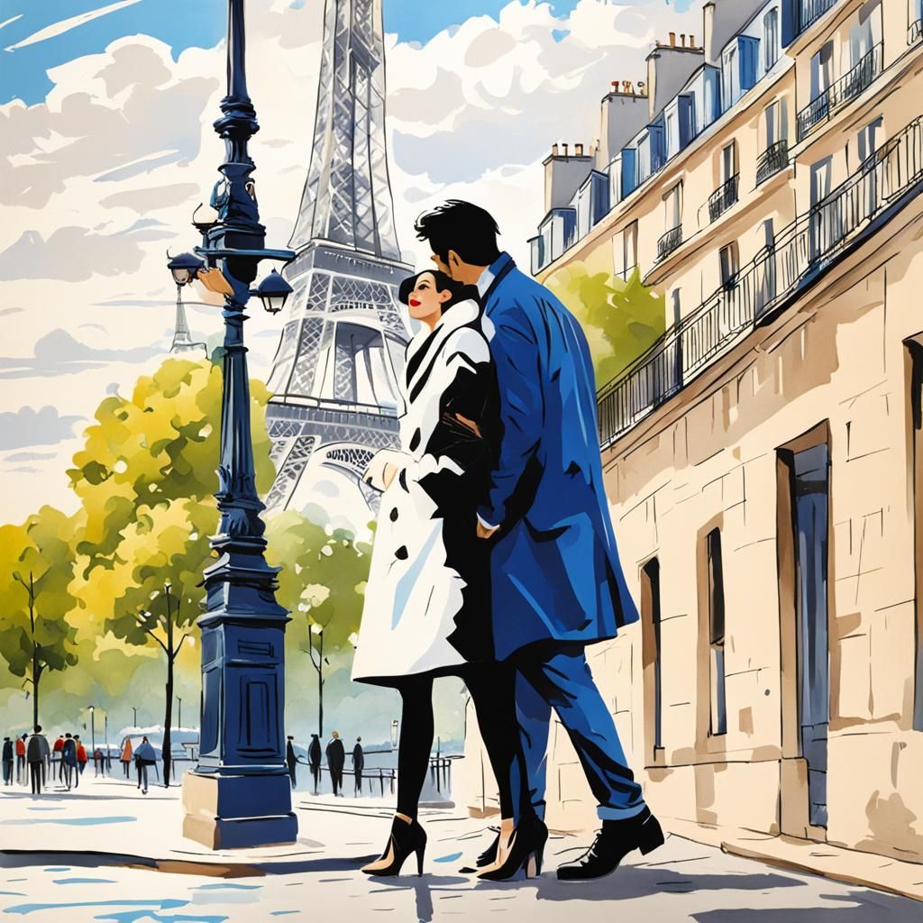 Romantic Parisian Scene in Impressionist Style