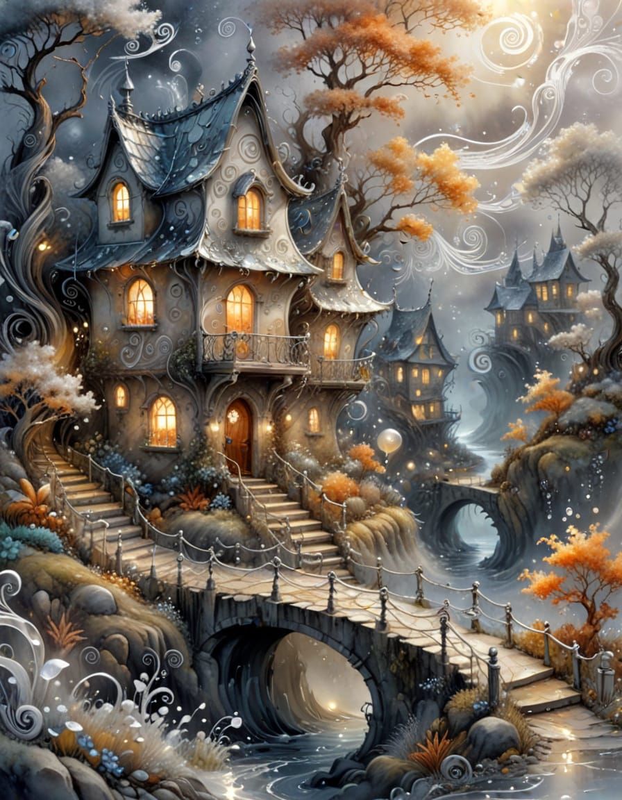 Whimsical Village in Iridescent Winter Storm