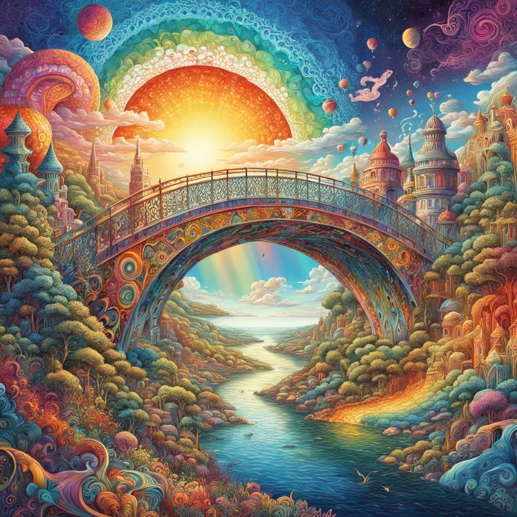 Vibrant Fantasy Bridge in a Dazzling, Multicolored Landscape