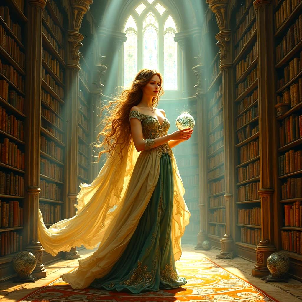 Regal Woman in Ancient Library, Art Nouveau Style
