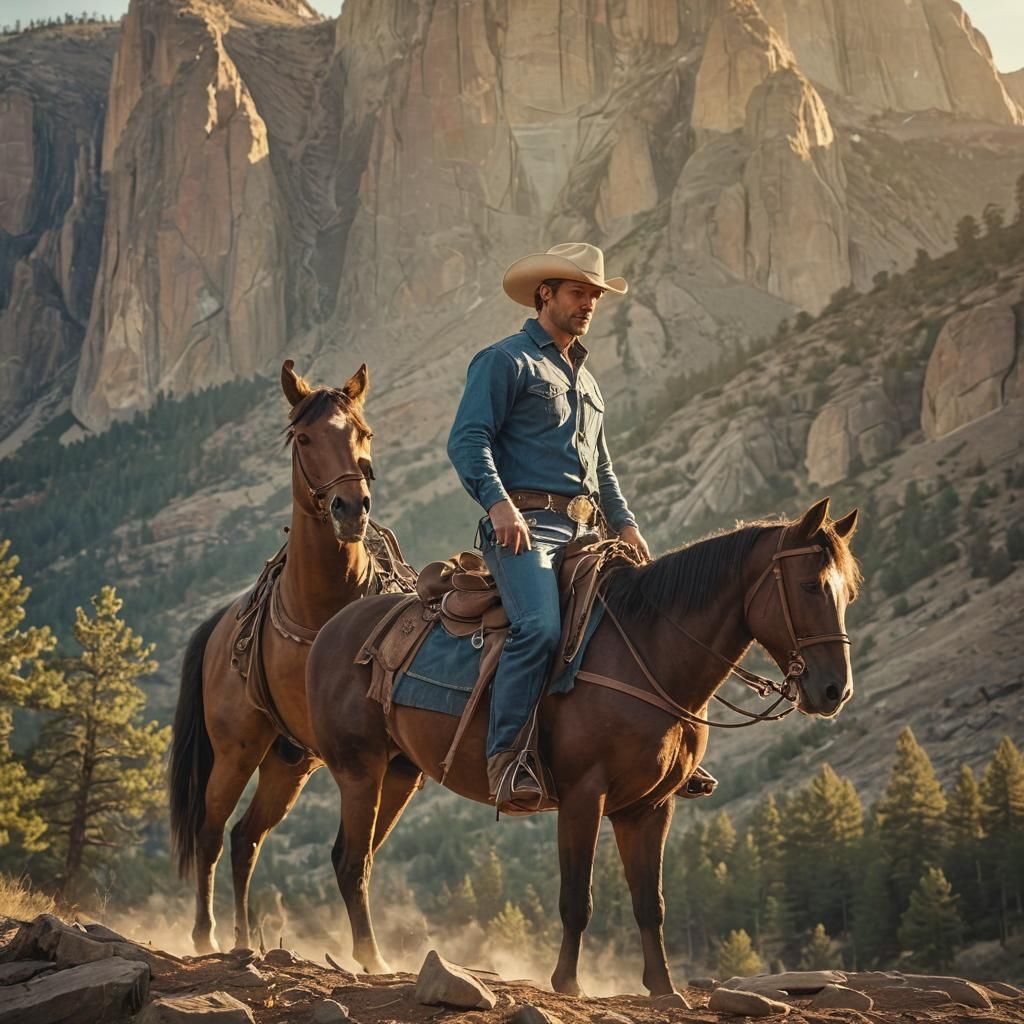 Gritty Cowboy Rides Majestic Mountains in Warm Golden Hour