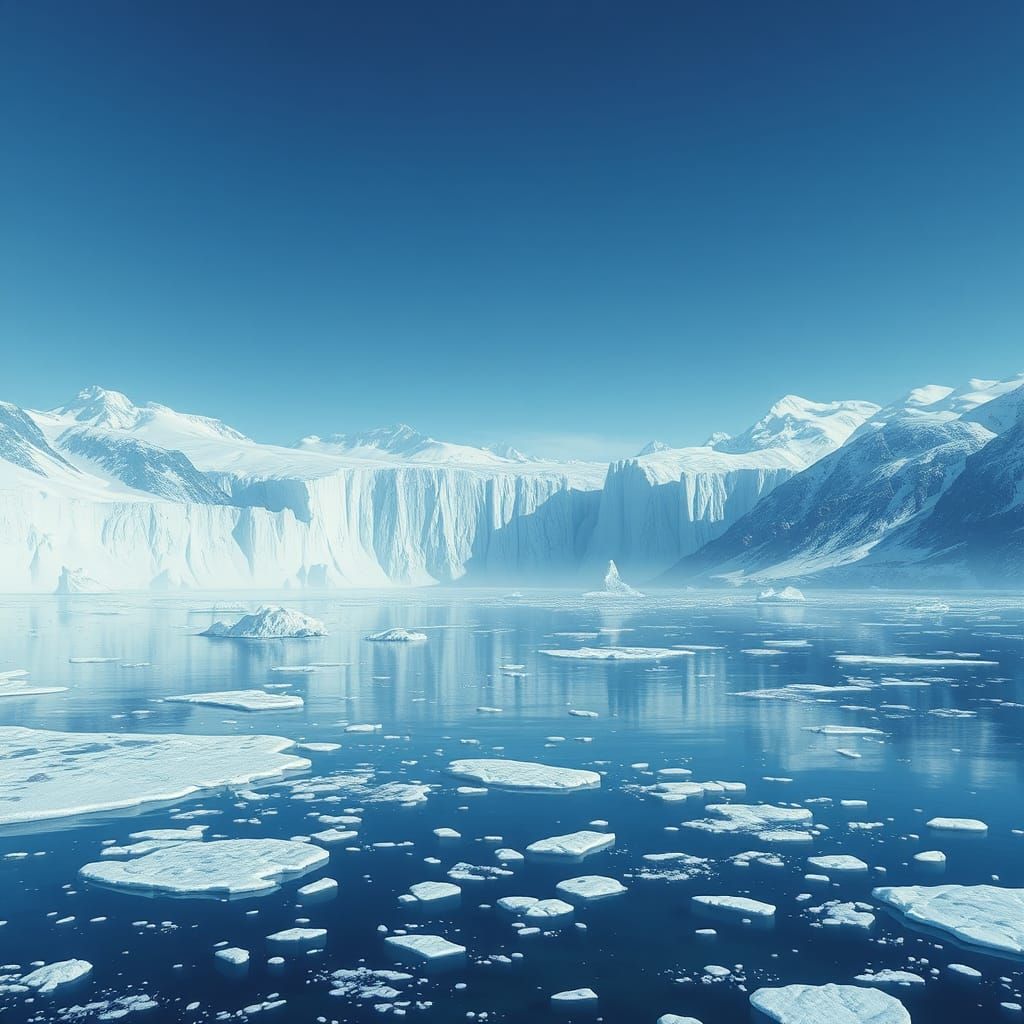 Ethereal Tethys Sea with Glaciers in Icy Blue Hues