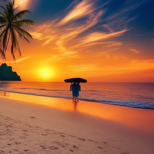 Thailand Beach Sunrise with Paper Lantern: Digital Painting