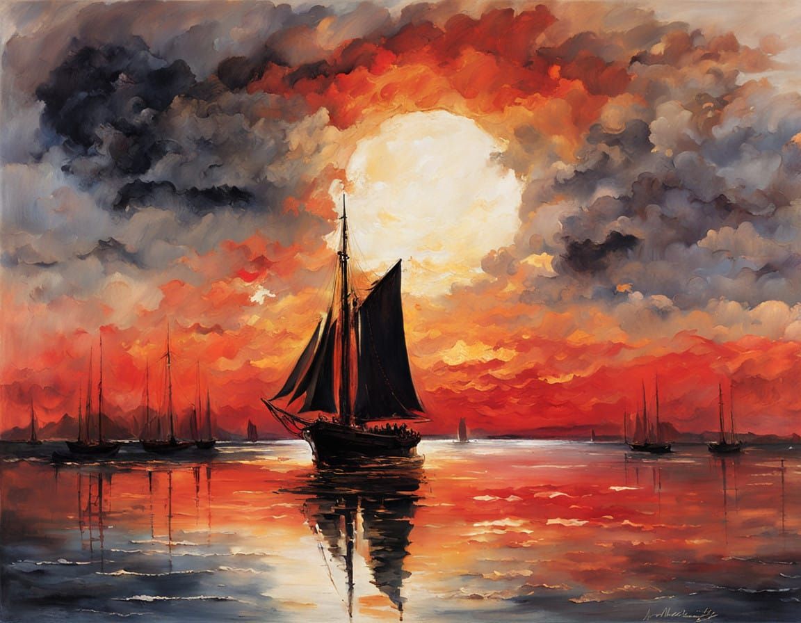 Ethereal Schooner Sails Across Dreamlike Waters in Post-Impr...