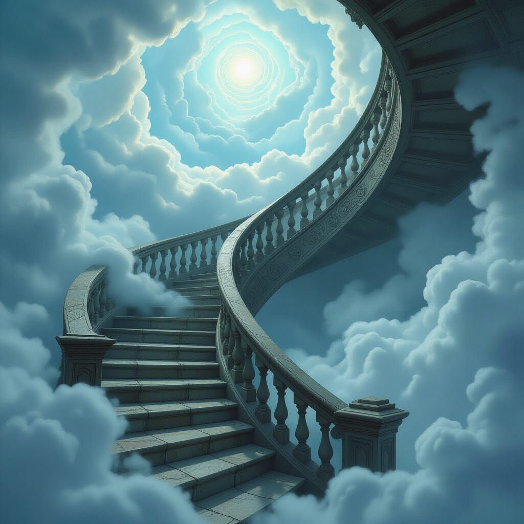 Dark Fantasy Spiral Staircase Disappearing into Clouds