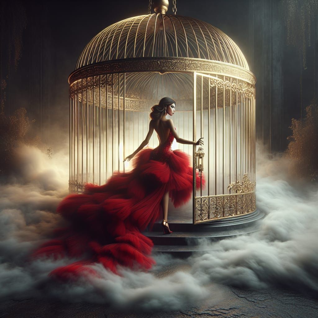 Romantic Hispanic Woman Steps Out of Golden Bird Cage, Surro...