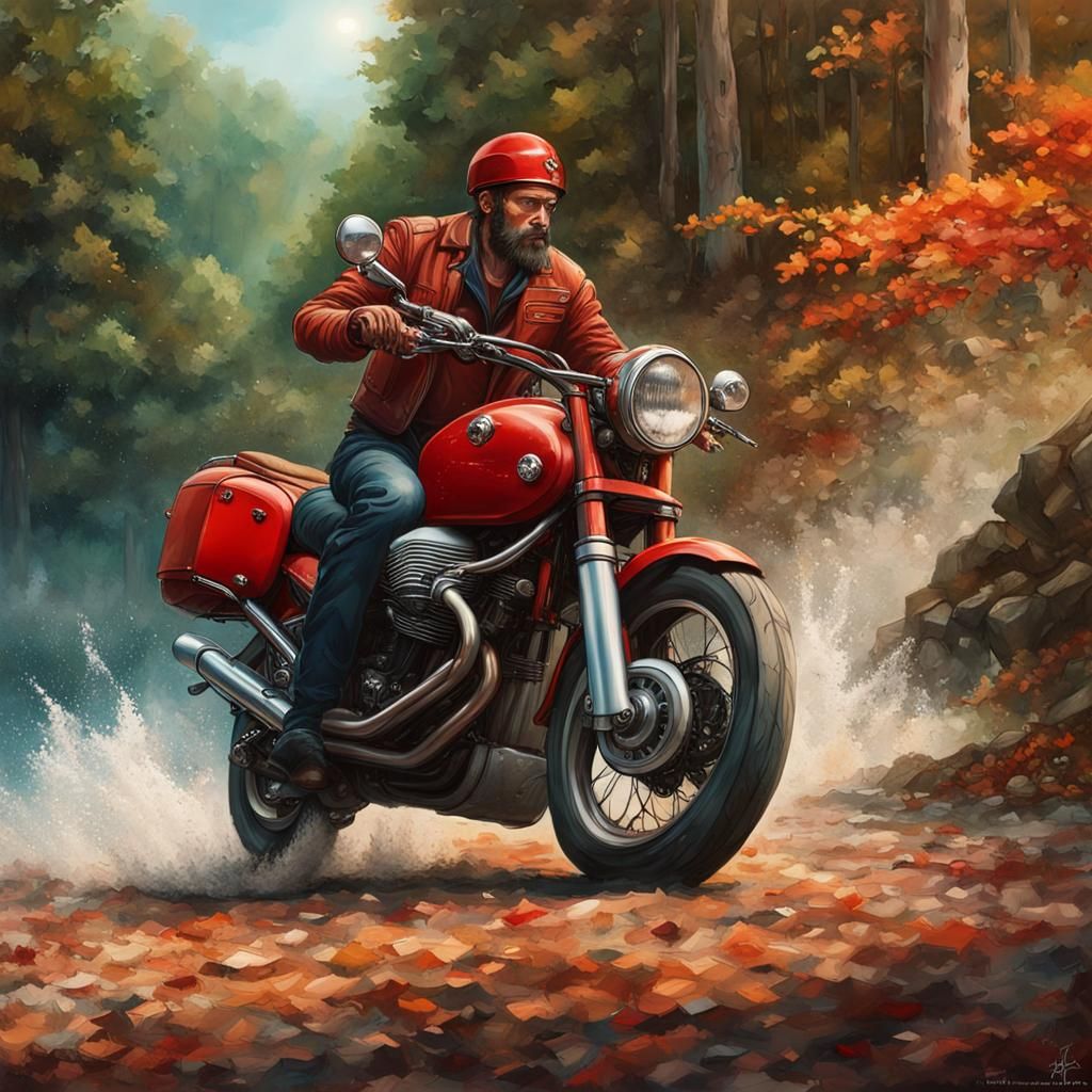 Garibaldi Rides a Vibrant Red Moto Guzzi Through the Woods