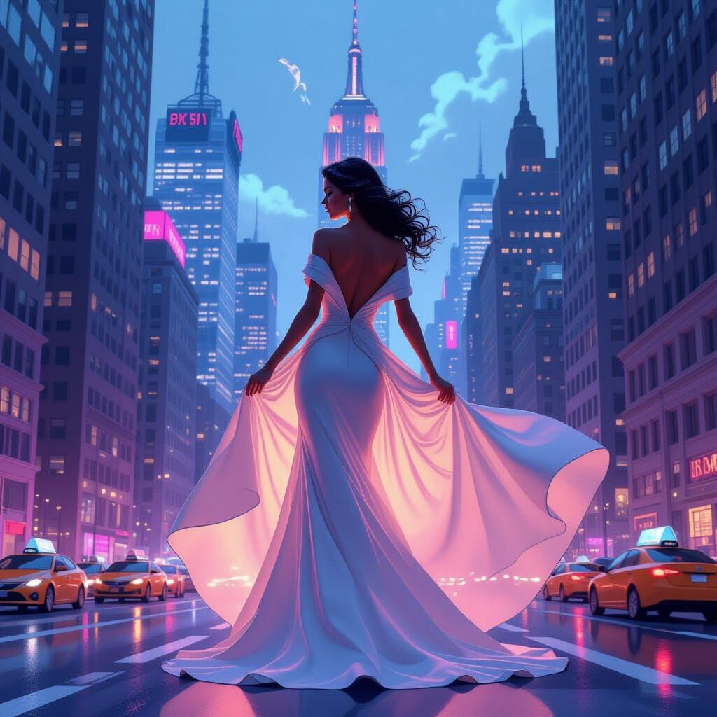 New York Personified as Luminous Spirit in Dreamlike Citysca...