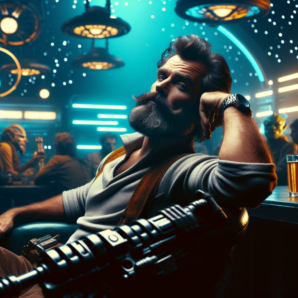 Nick Offerman as Han Solo in the Mos Eisley Cantina leaning back in his chair with his blaster drawn under the table