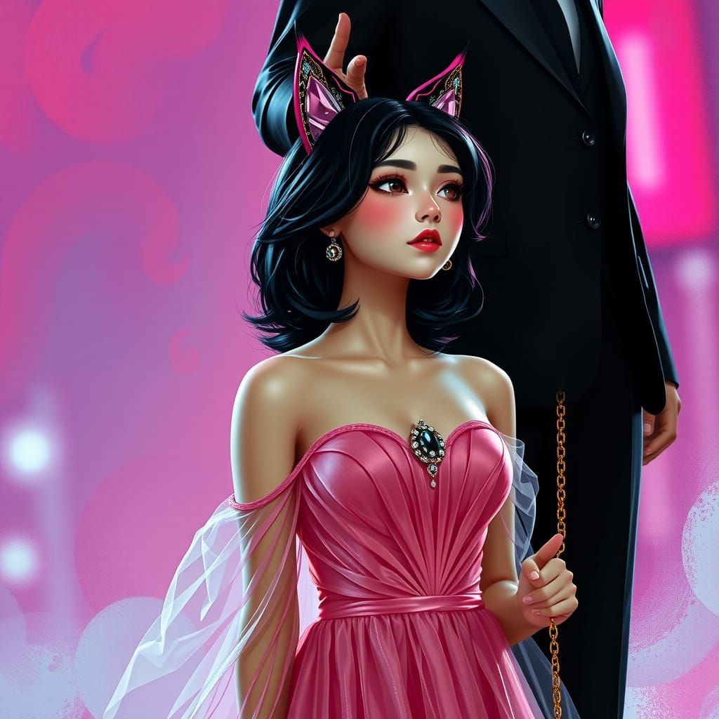 Woman in Sheer Pink Evening Gown with Cat Ears, Led by Suite...