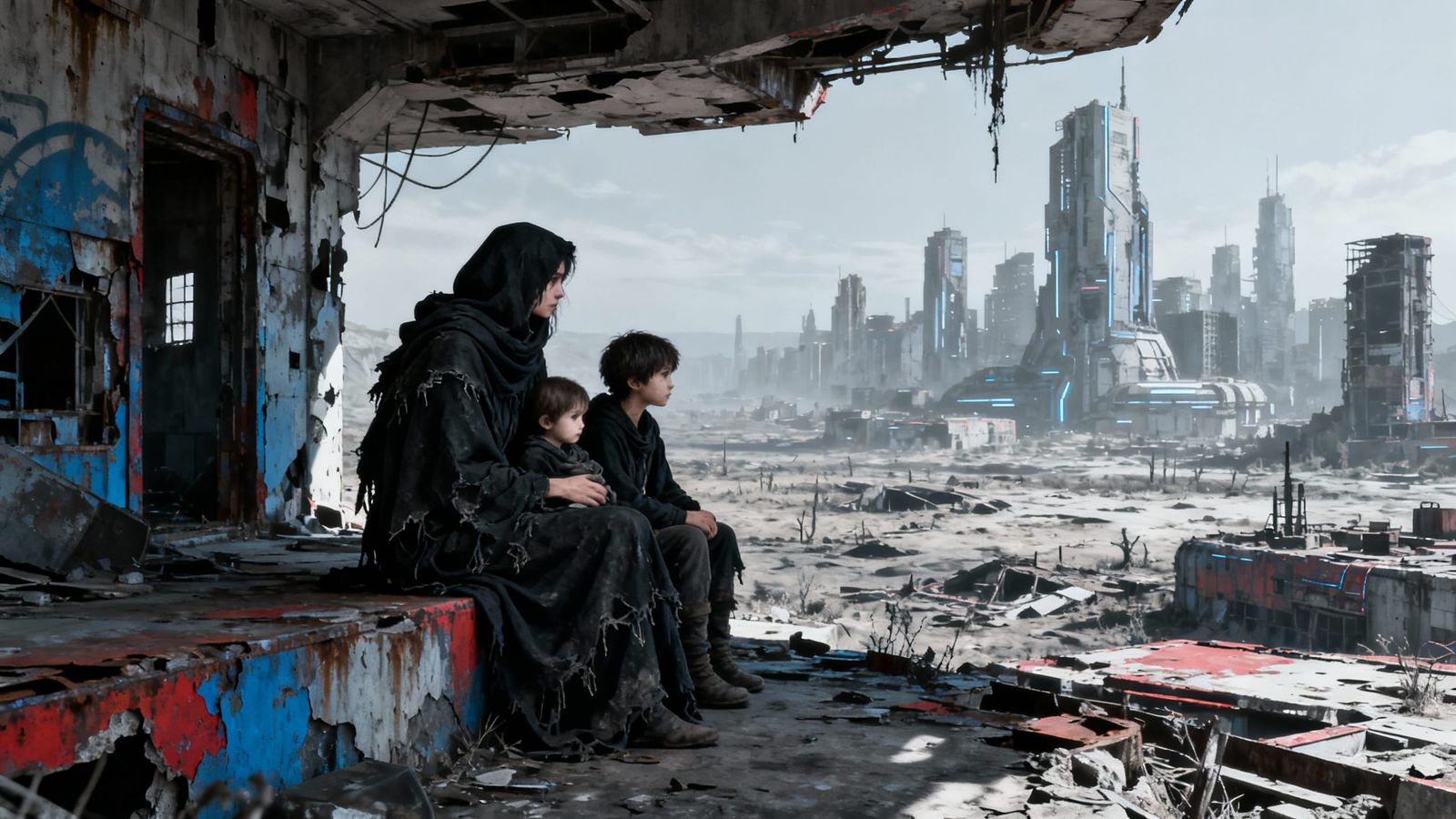 Dystopian Cityscape: Poor Family Overlooks Post-Apocalyptic ...