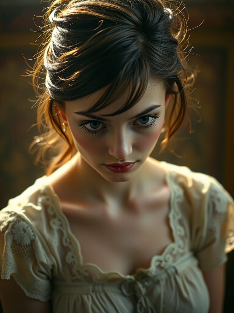 Sad Woman with Blue Eyes in Art Nouveau Style