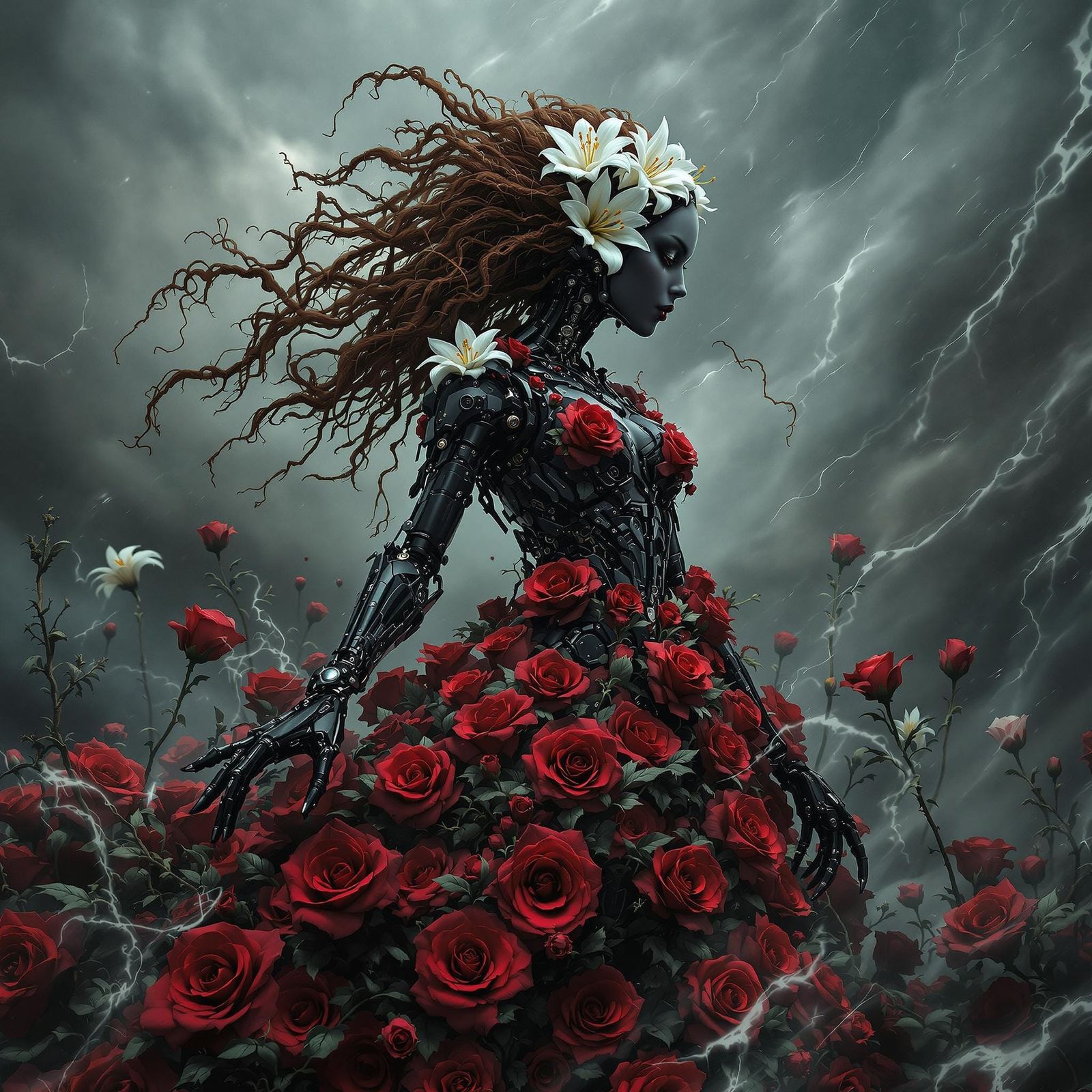 Cyberpunk Witch Surrounded by Electronic Storm of Blooming F...