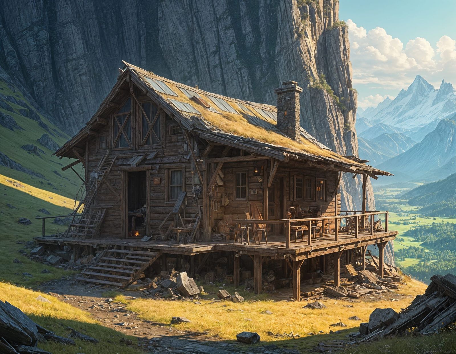 Fantastical Cabin Amidst a Serene Mountain Scene