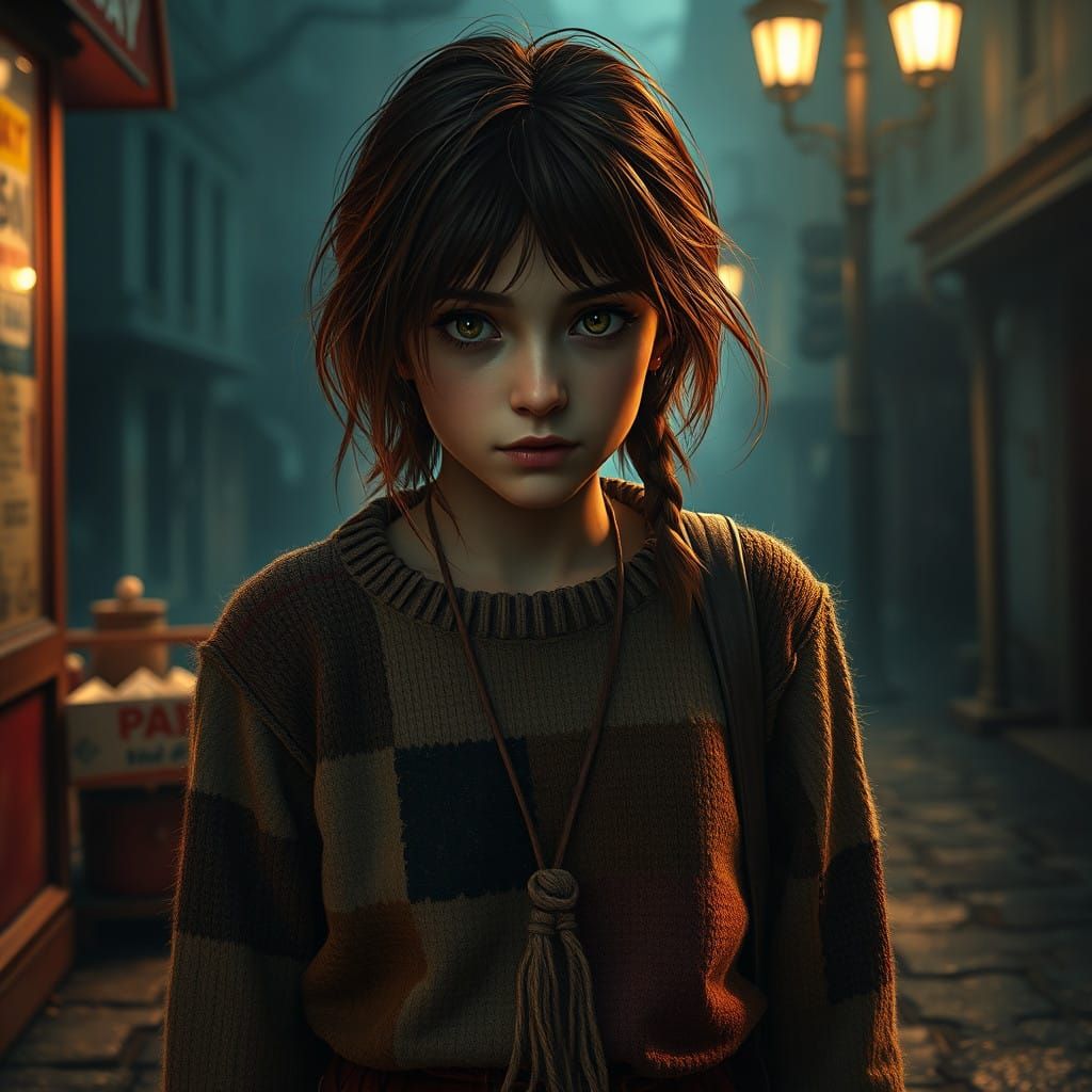 Mysterious Street Corner Beggar in Cyberpunk Aesthetic