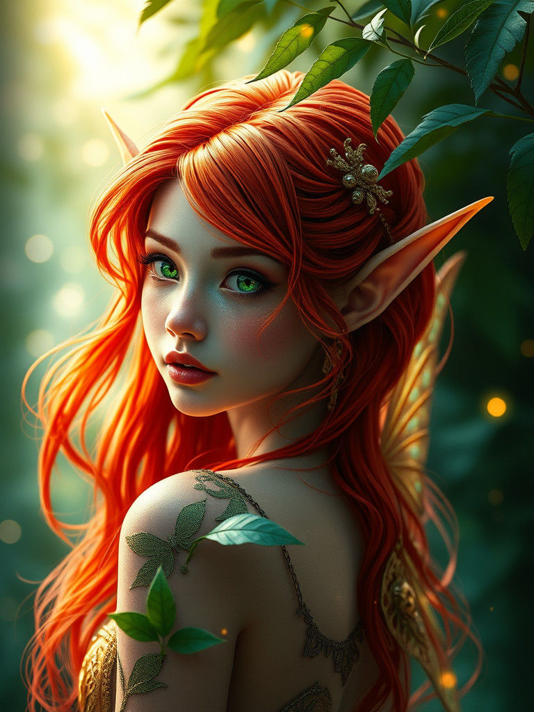 Enchanting Fairy Portrait in Vibrant Red and Green