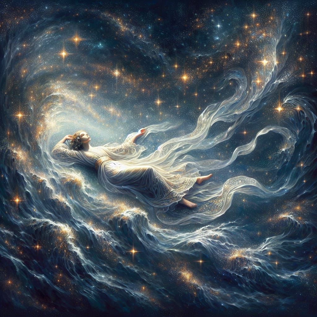 Ethereal Young Woman Dances Among the Stars in a Mystical Oi...