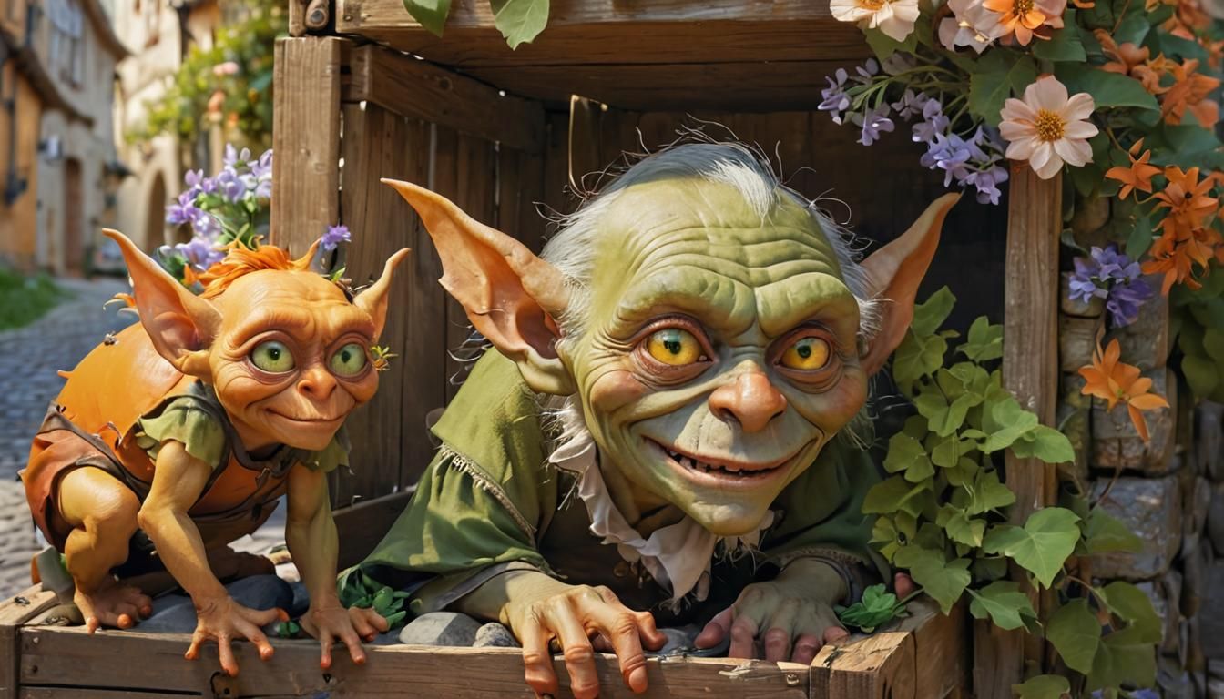 Goblin Peeking from Flowered Medieval Road Wooden Crate