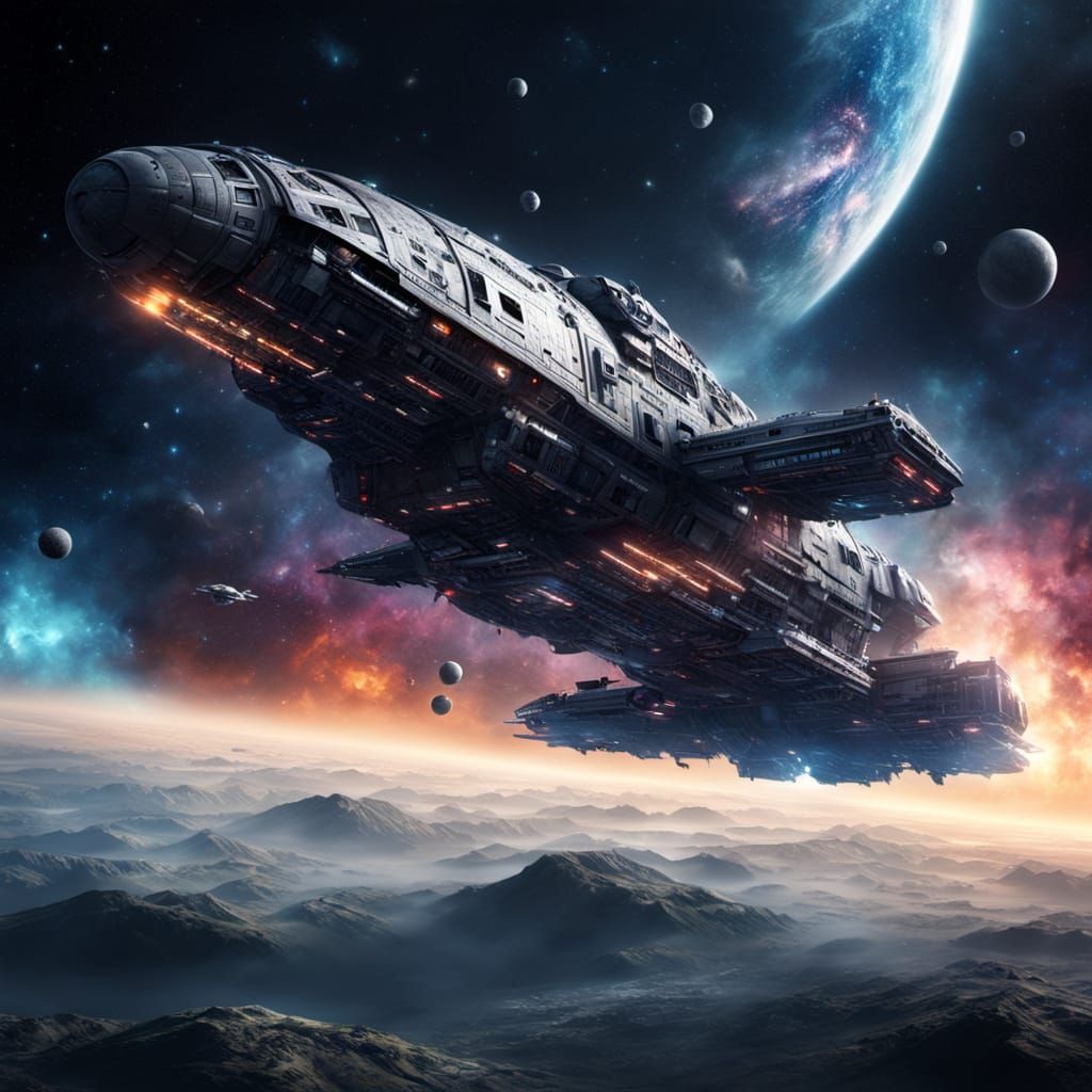 Spaceship Blazes Through Cosmic Vistas in Epic Digital Paint...