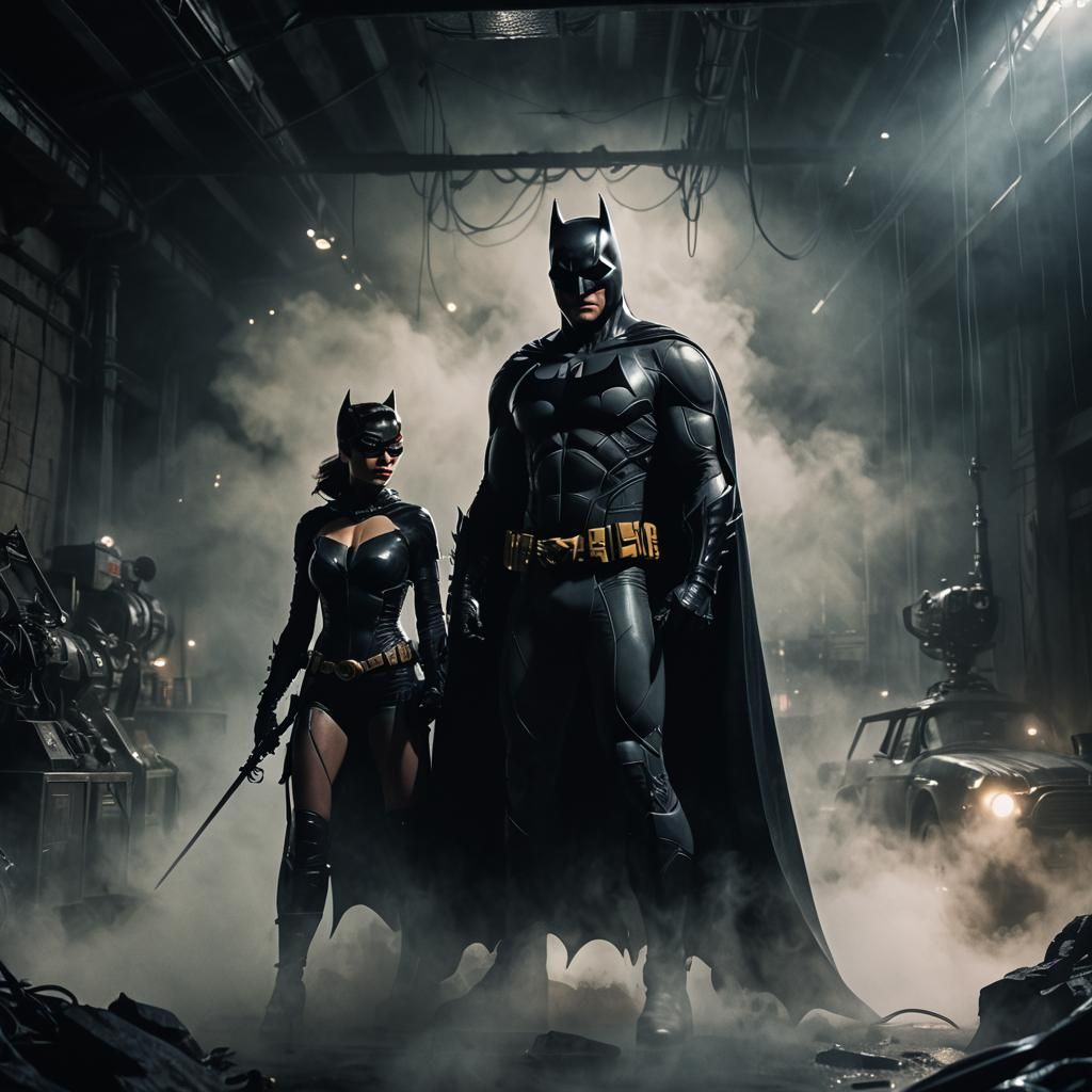 Batman and Catwoman Embrace in the Dark Batcave