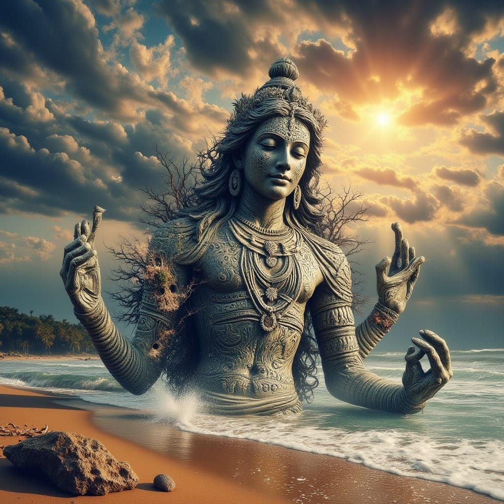 Ancient Vishnu Statue Washes Up on Indian Beach at Sunset