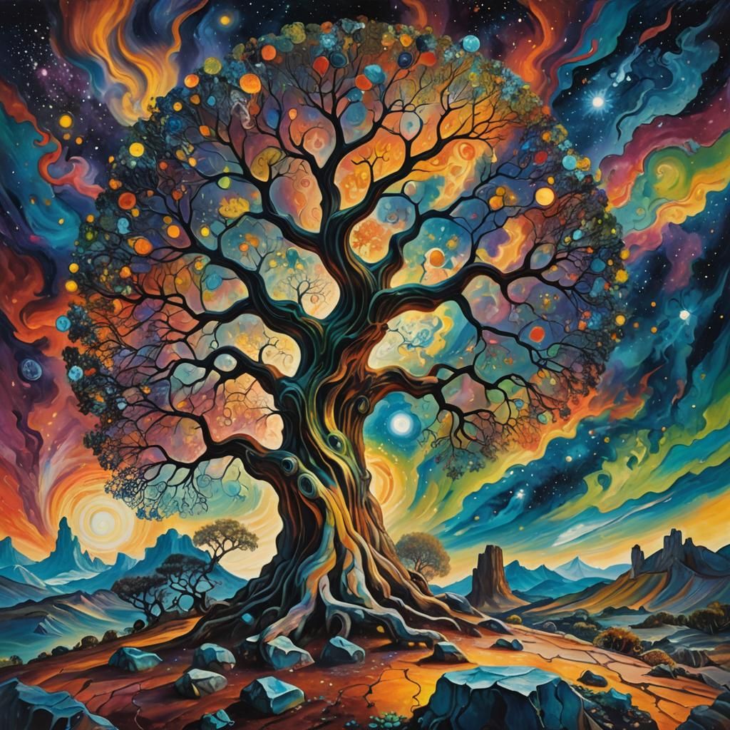 Ethereal Stone Tree on a Small Planet in Vibrant, Swirly Pat...