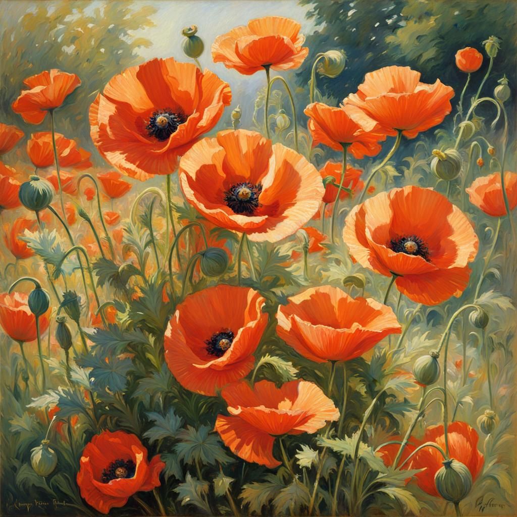 Impressionist Poppies in Delicate Illustration Style